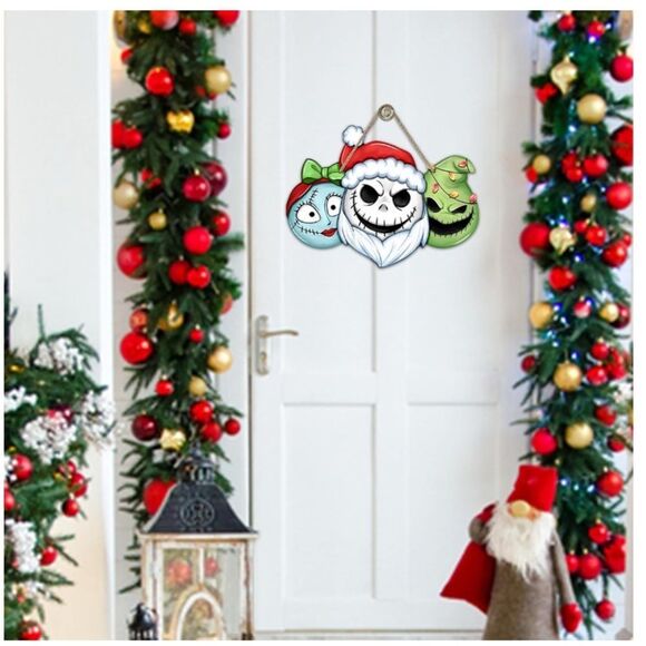 Christmas Jack Front Door Sign, Xmas Sally Green Monster Wood Door sign - Picture 1 of 6
